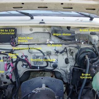 Annotated image of the firewall of an EV truck conversion. Image, annotation and upload by en:User:Leonard G. Transmission removed for replacement, the simple adapter plate has been replaced with a more refined version to ensure accurate alignment. CC SA 1.0